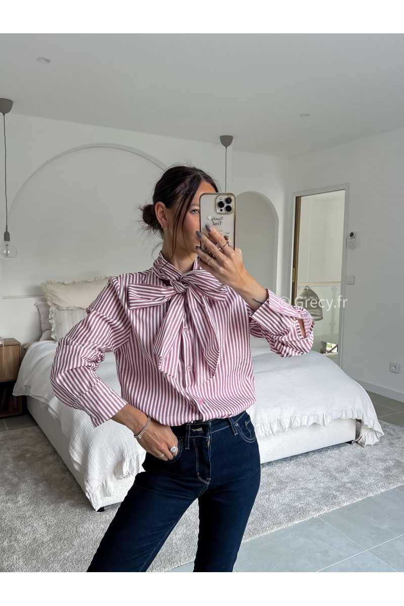 lavallière chemise col noeud rayures rayée rose manches longues grecy mode chic