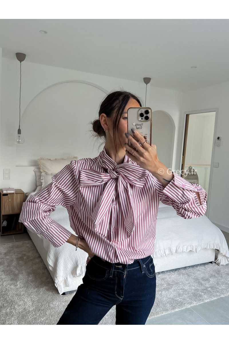 lavallière chemise col noeud rayures rayée rose manches longues grecy mode chic