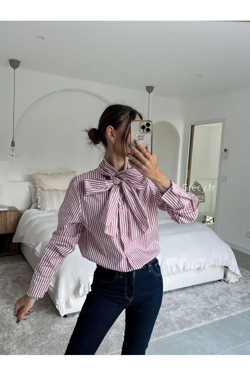 lavallière chemise col noeud rayures rayée rose manches longues grecy mode chic