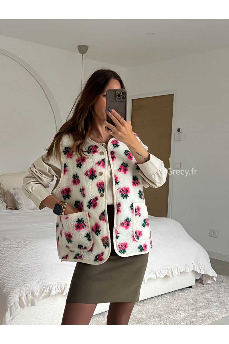 Gilet veste sans manches fleuri mode tenue look intemporel grecy e-shop