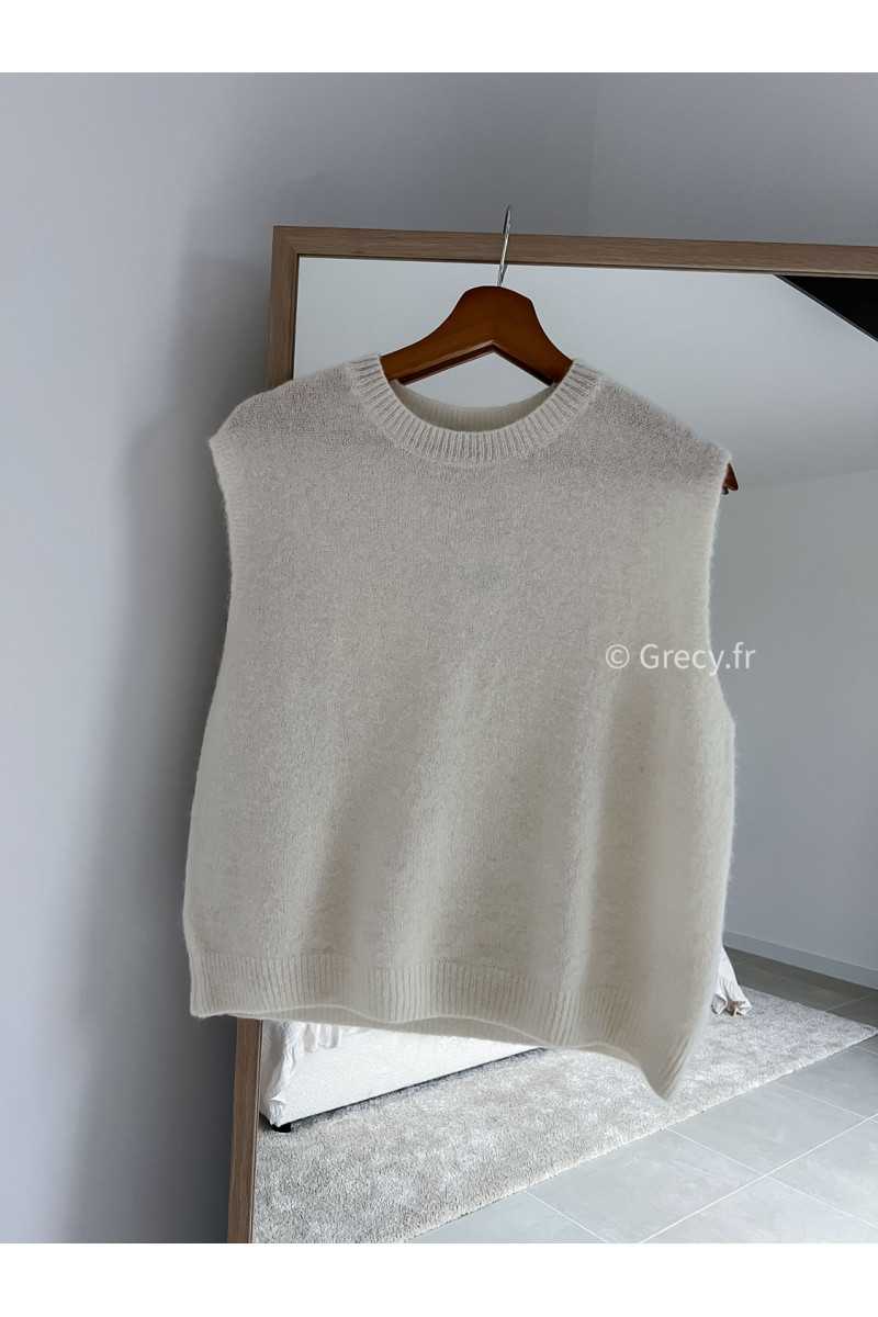 Pull alpaga sans manches écru mode tenue look intemporel grecy e-shop