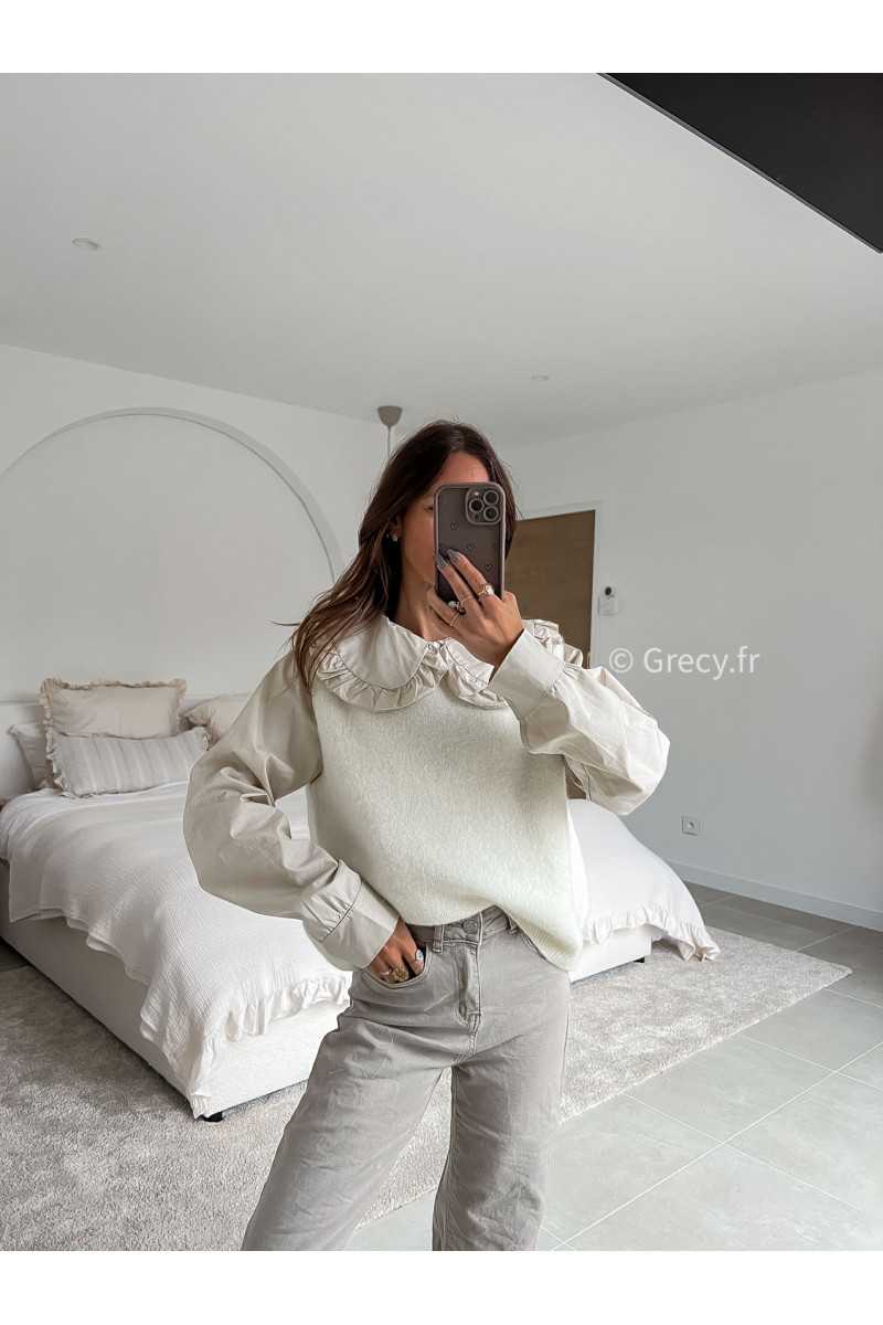 Pull alpaga sans manches écru mode tenue look intemporel grecy e-shop