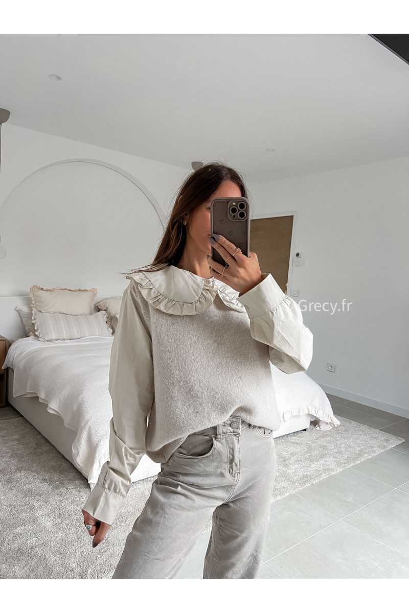 Pull alpaga sans manches beige mode tenue look intemporel grecy e-shop