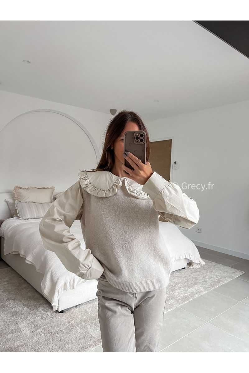 Pull alpaga sans manches beige mode tenue look intemporel grecy e-shop