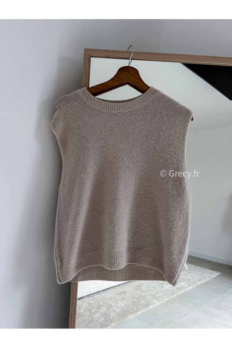 Pull alpaga sans manches beige mode tenue look intemporel grecy e-shop