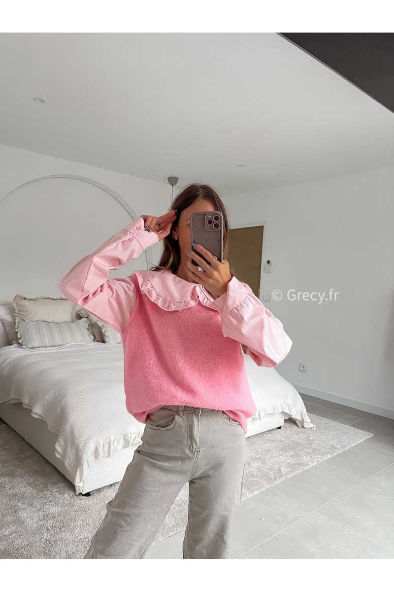 Pull alpaga sans manches rose mode tenue look intemporel grecy e-shop