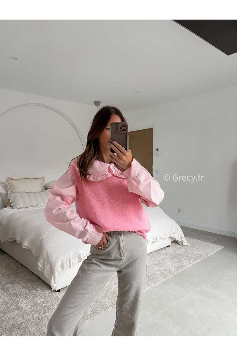 Pull alpaga sans manches rose mode tenue look intemporel grecy e-shop