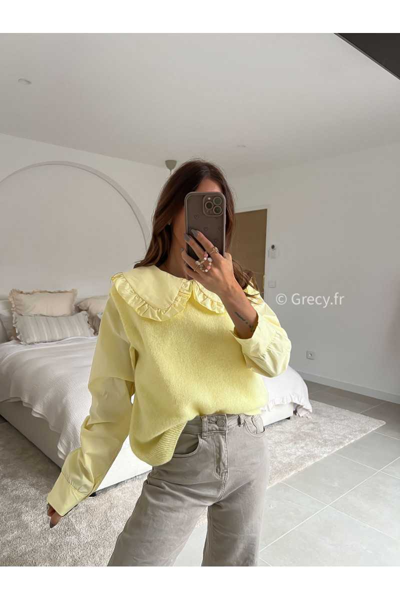 Pull alpaga sans manches jaune mode tenue look intemporel grecy e-shop