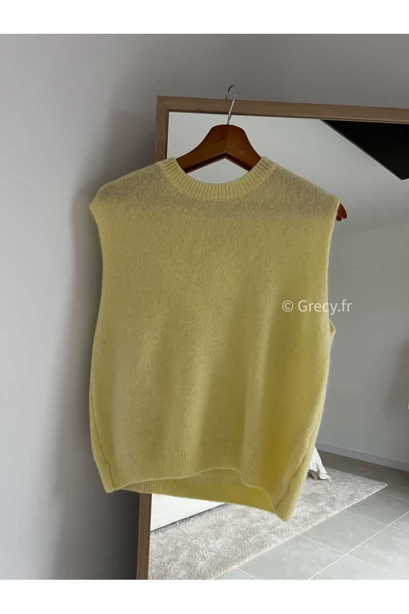 Pull alpaga sans manches jaune mode tenue look intemporel grecy e-shop