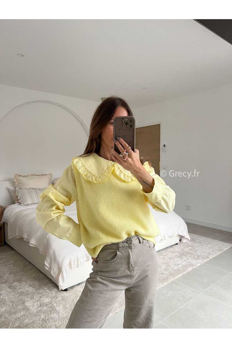 Pull alpaga sans manches jaune mode tenue look intemporel grecy e-shop