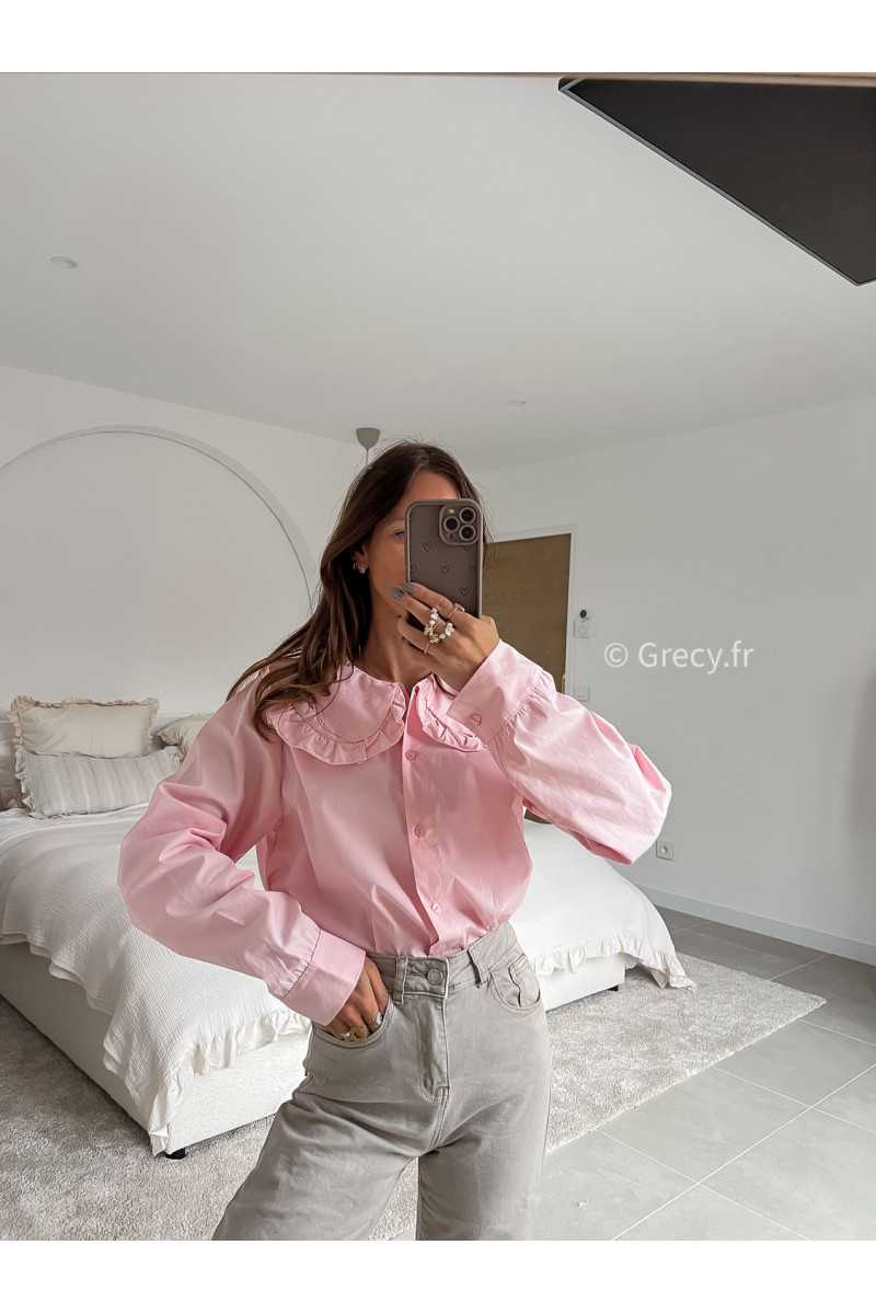 Chemise col Claudine rose manches longues mode tenue look intemporel grecy e-shop