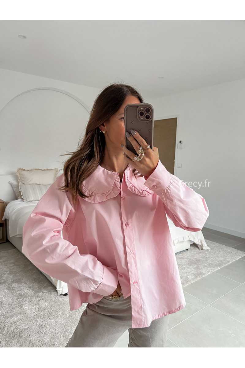 Chemise col Claudine rose manches longues mode tenue look intemporel grecy e-shop