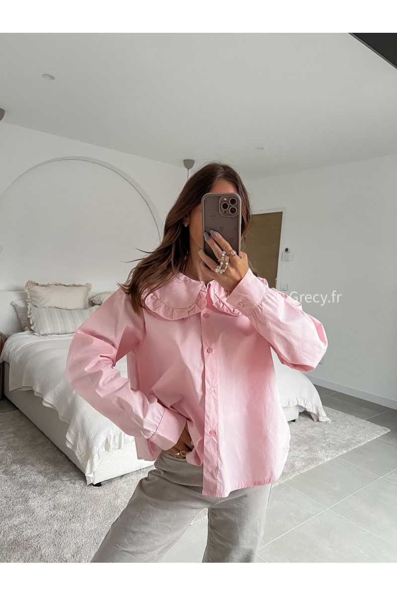 Chemise col Claudine rose manches longues mode tenue look intemporel grecy e-shop