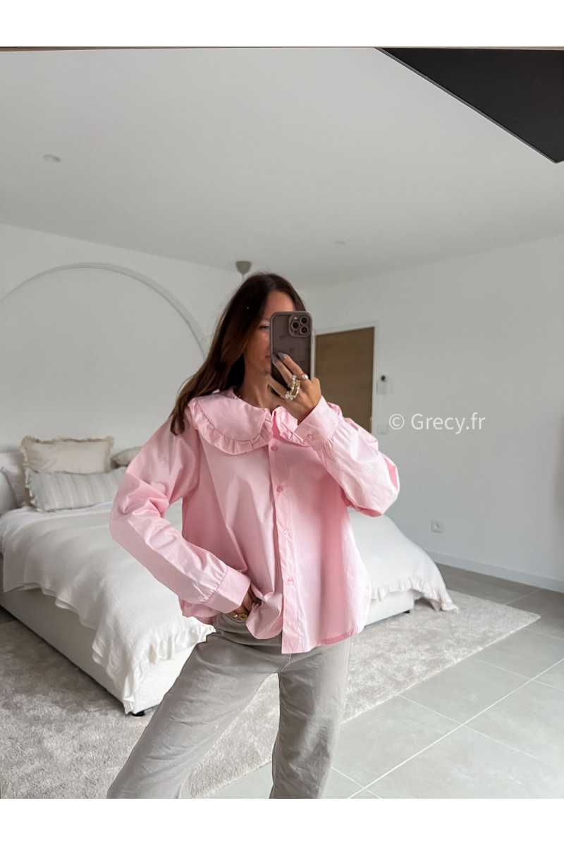 Chemise col Claudine rose manches longues mode tenue look intemporel grecy e-shop