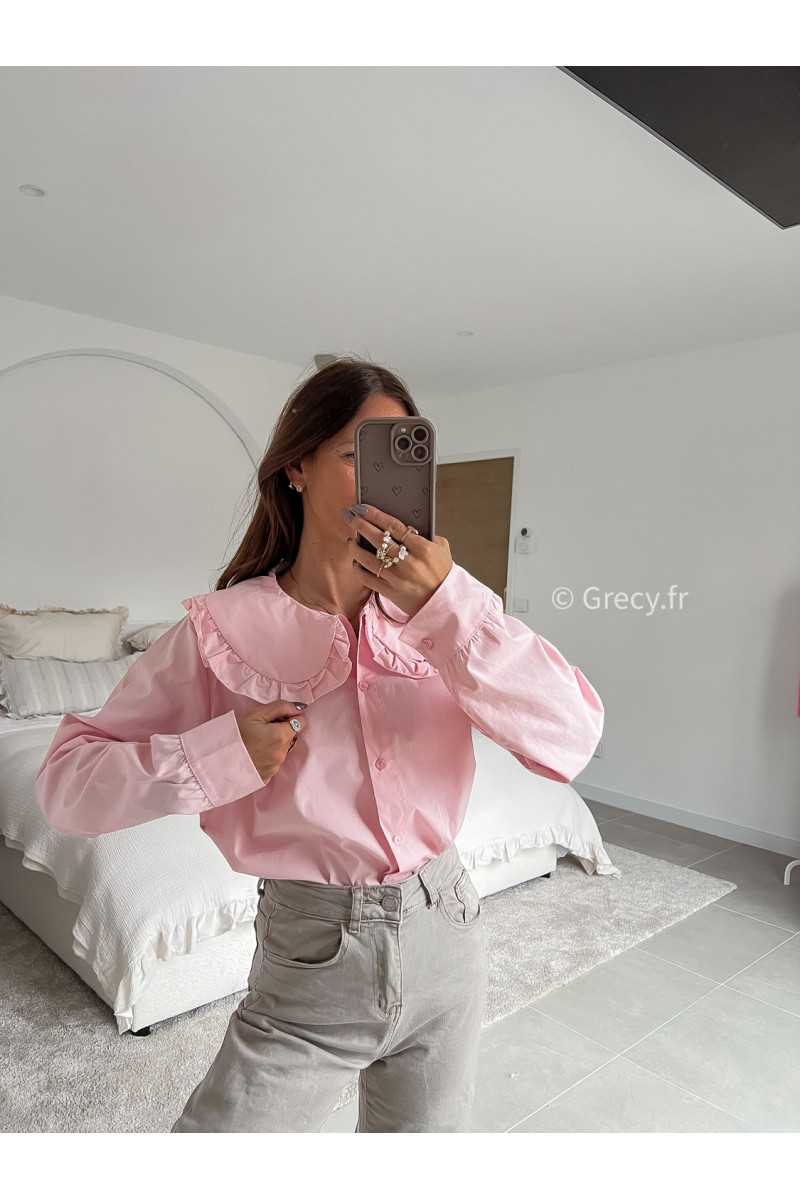 Chemise col Claudine rose manches longues mode tenue look intemporel grecy e-shop