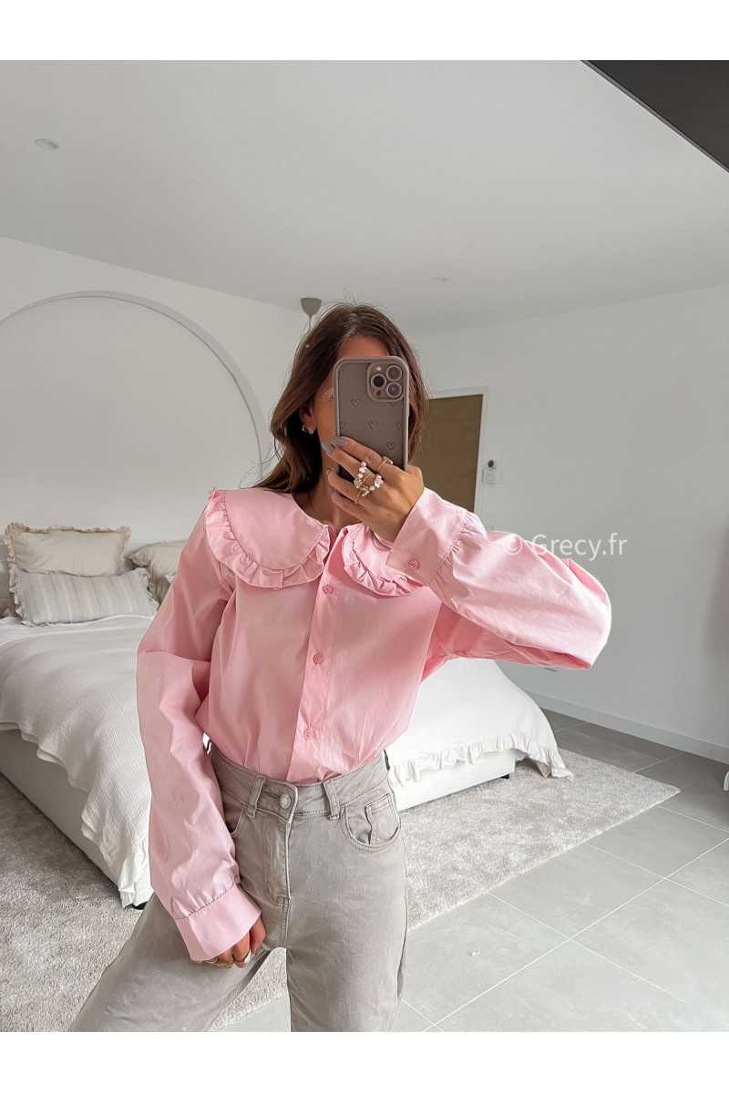 Chemise col Claudine rose manches longues mode tenue look intemporel grecy e-shop