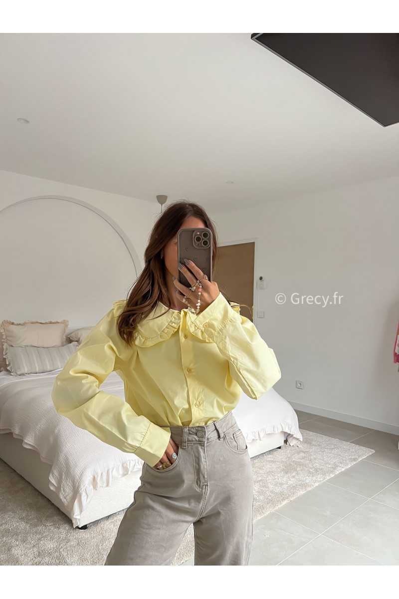 Chemise col Claudine jaune manches longues mode tenue look intemporel grecy e-shop