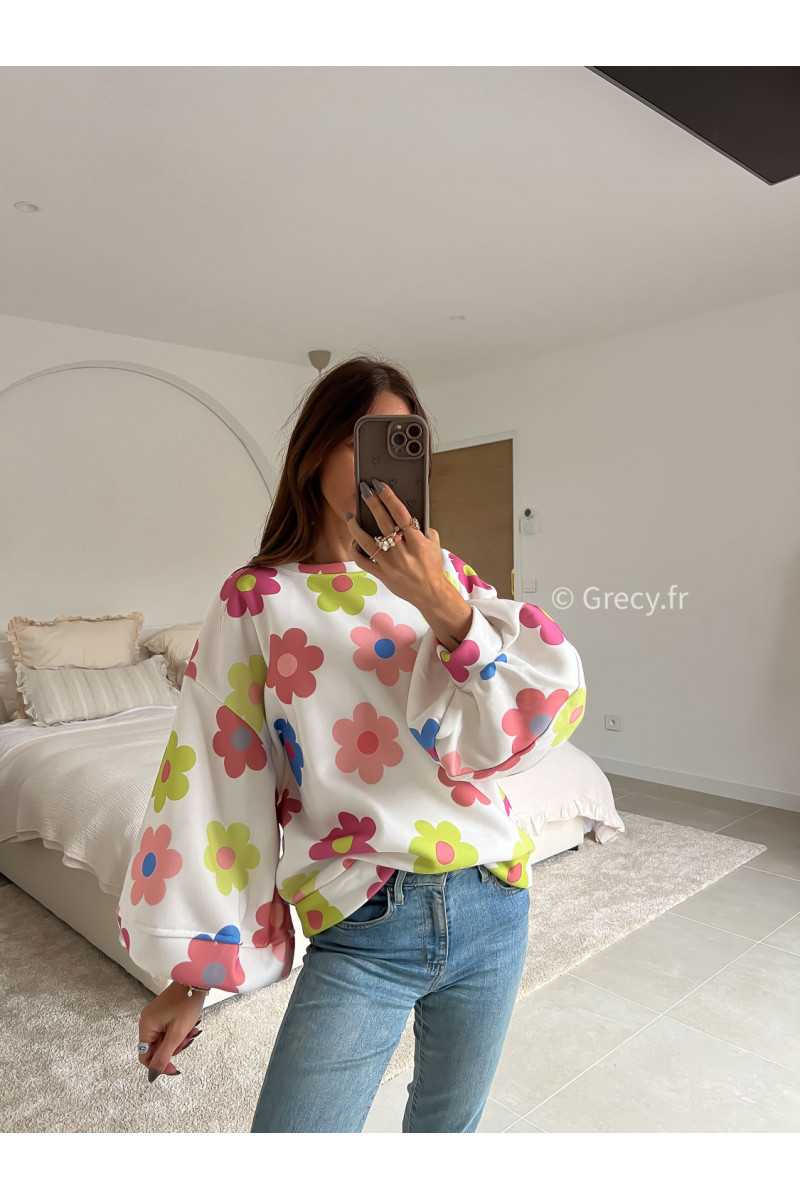 sweat oversize manches ballon fleuri blanc fleurs colorées manches longues mode tenue look intemporel grecy e-shop