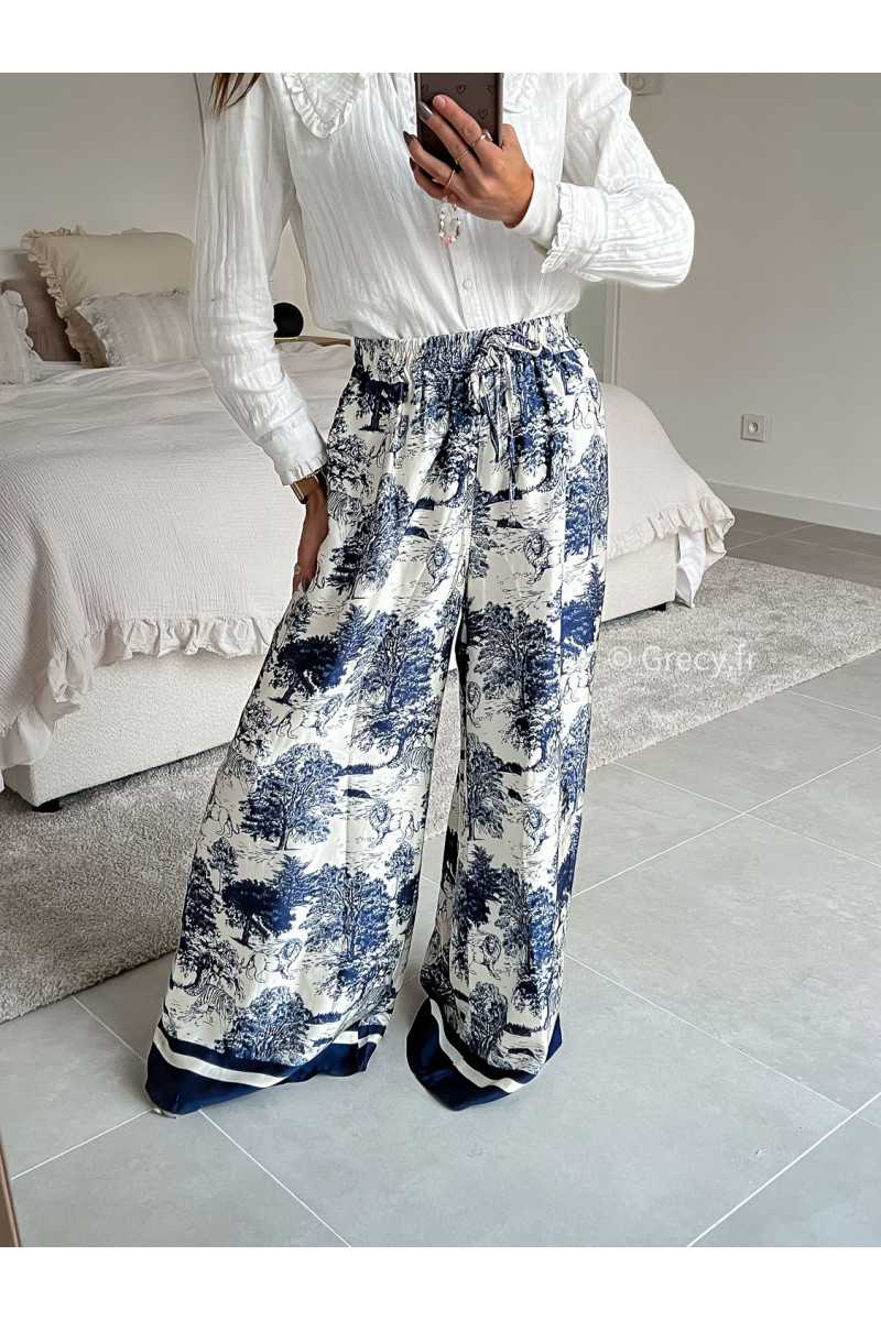 Pantalon soie safari large fluide bleu marine tigres toile de jouy mode tendance grecy look