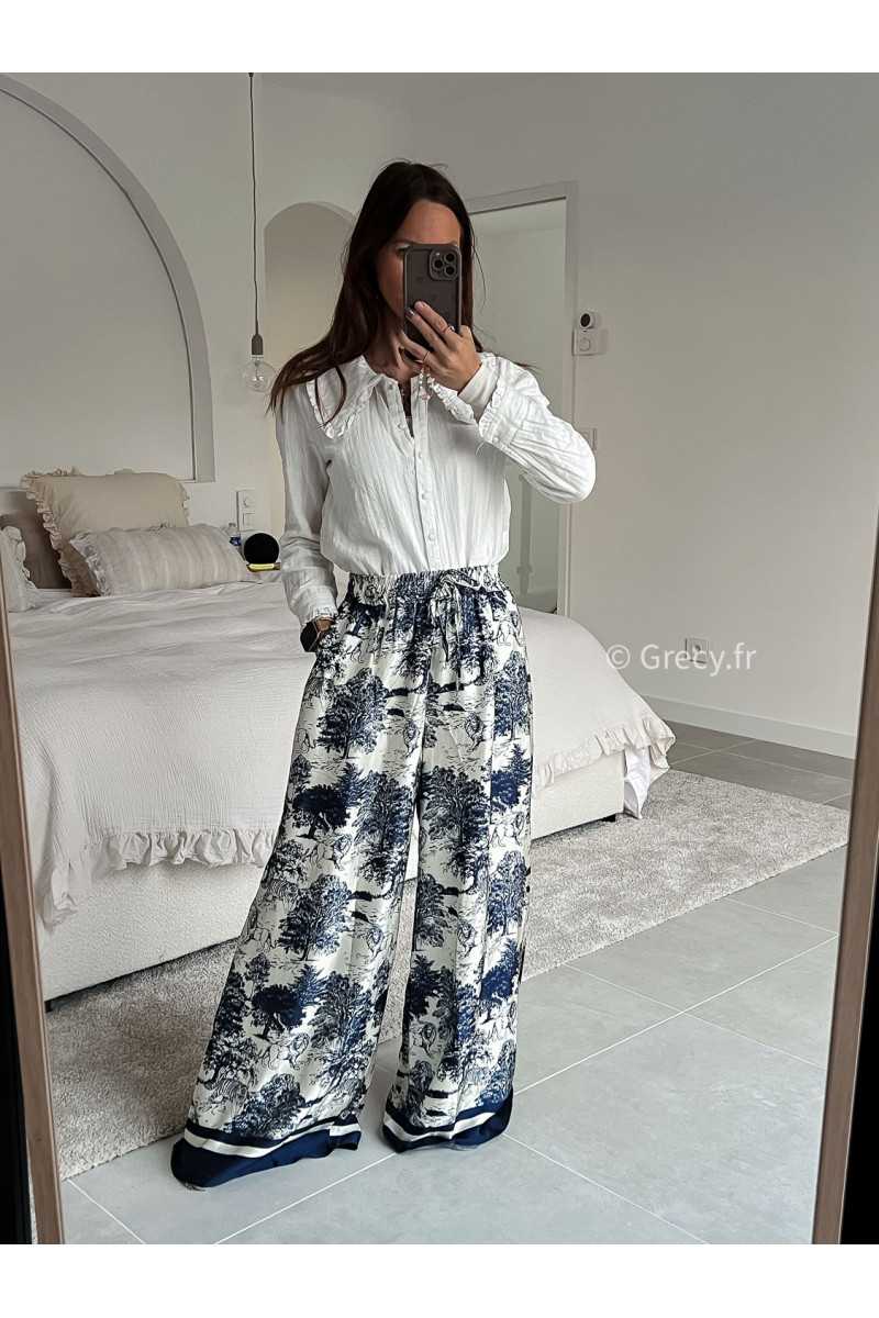 Pantalon soie safari large fluide bleu marine tigres toile de jouy mode tendance grecy look