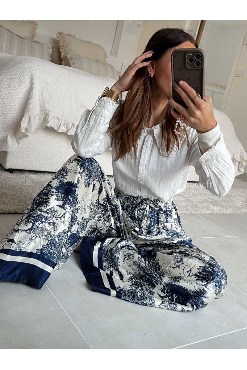 Pantalon soie safari large fluide bleu marine tigres toile de jouy mode tendance grecy look