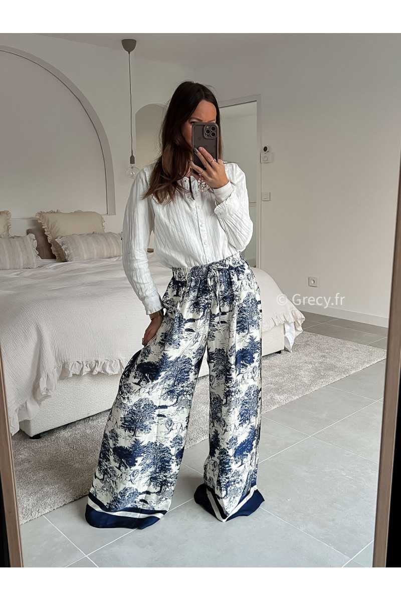 Pantalon soie safari large fluide bleu marine tigres toile de jouy mode tendance grecy look